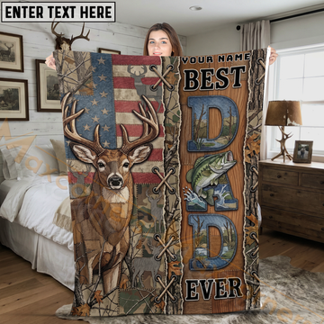 Maxcorners Best Dad Ever Deer Hunting Fishing American Flag Patchwork Personalized 3D Blanket