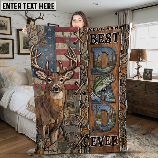 Maxcorners Best Dad Ever Deer Hunting Fishing American Flag Patchwork Personalized 3D Blanket