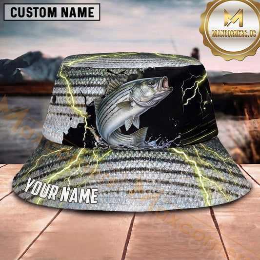 Maxcorners Fishing Red White Blue Flag Fishing Design with Splash Personalized Name 3D Bucket Hat (13 Fish Species)