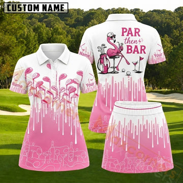 Maxcorners Pink Dripping Golf Clubs and Flamingo Bar Personalized Name 3D Golf Shirt and Skirt