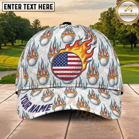 Maxcorners Golf USA Flag Flaming Golf Ball Pattern Personalized Name 3D Classic Cap