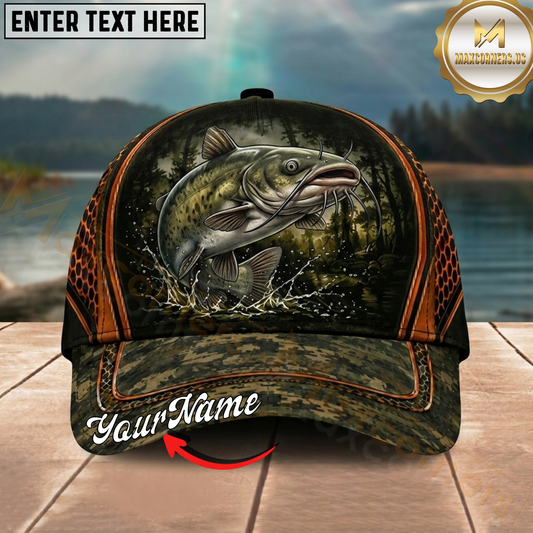 Maxcorners Fishing Forest Camo Orange Trim Personalized 3D Cap (12 Fish Species)