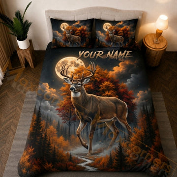 Maxcorners Wild Deer Autumn Forest Orange Black Bedding Set 3D Print Custom Name