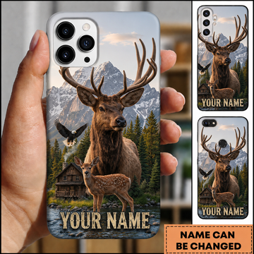 Maxcorners Hunting Majestic Elk and Fawn Pine Forest Mountain Lake Eagle Customized Name Phone Case