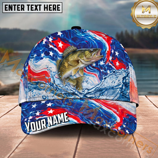 Maxcorners Fishing Patriotic Red White Blue Wave Personalized Name 3D Cap (12 Fish Species)