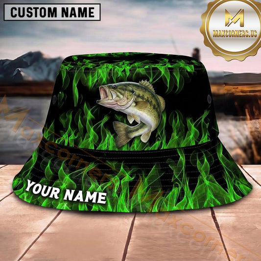 Maxcorners Fishing Green Lightning Fishing Scene with Bold Effect Personalized Name 3D Bucket Hat (13 Fish Species)