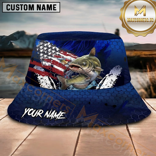 Maxcorners Fishing American Flag Blue Honeycomb Personalized Name 3D Bucket Hat (12 Fish Species)