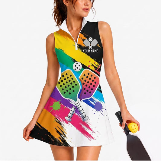 Maxcorners Pickleball Sleeveless Zipper Sports Dress Set Colorful Crossed Paddles Personalized Name 3D Sleeveless Zipper Sports Dress Set
