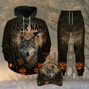Maxcorners Hunting Halloween Wolf Hunter Brown Forest Personalized 3D Combo Hoodie, Sweatpants Set & Cap