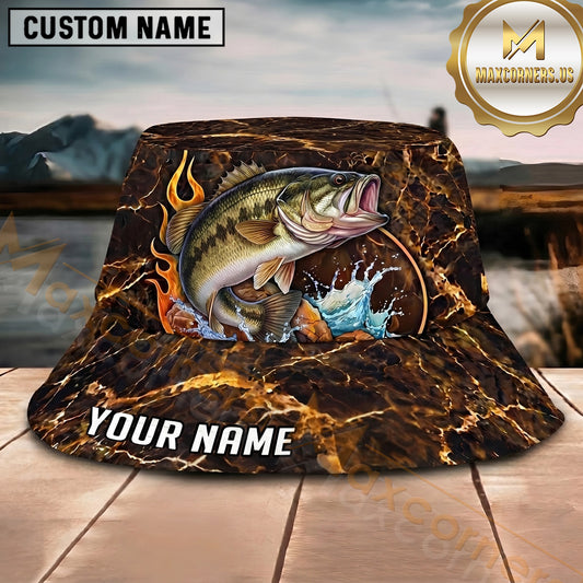 Maxcorners Fishing Lava Fire Personalized Name 3D Bucket Hat (12 Fish Species)