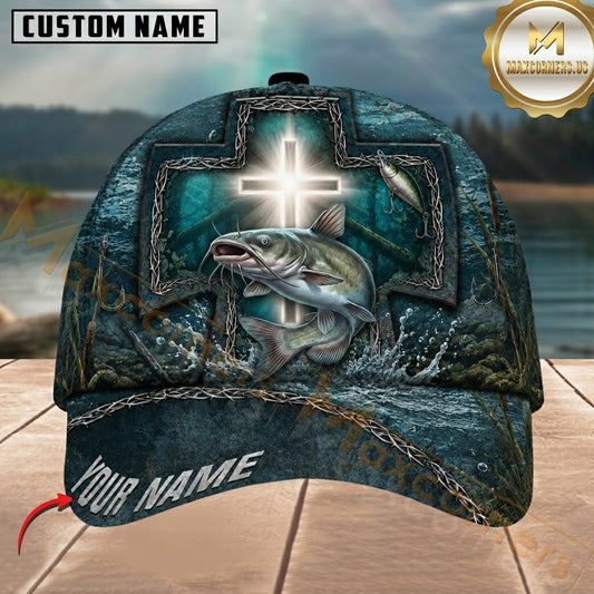 Maxcorners Fishing Glowing Cross Barbed Wire Teal Water Customized Name 3D Cap