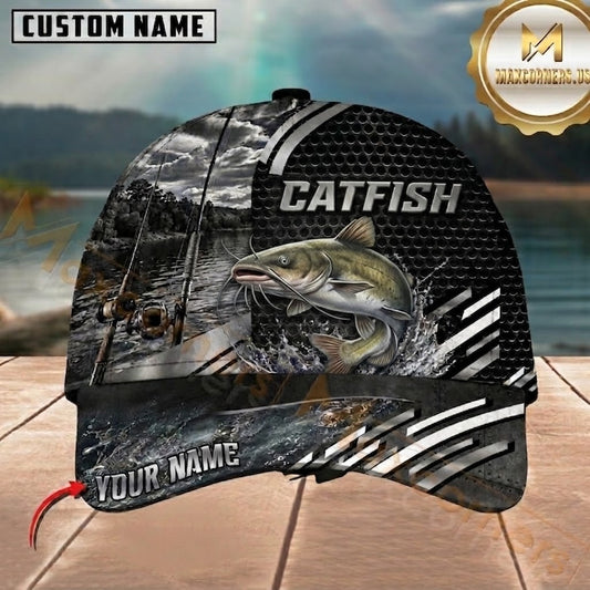 Maxcorners Fishing Black Silver Water Splash Customized Name 3D Cap