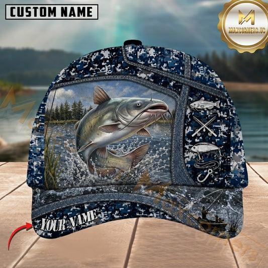 Maxcorners Fishing Blue Digital Camo Lake Splash Customized Name 3D Cap