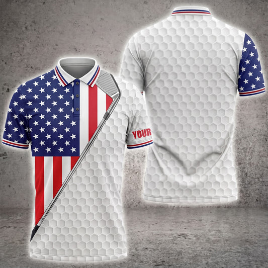 Maxcorners Patriotic Golfer 3D Golf Personalized Name Polo Shirts