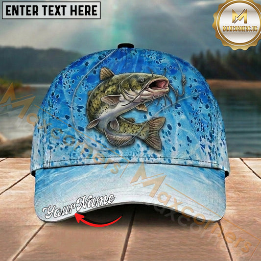 Maxcorners Fishing Light Blue Water Splash Personalized Name 3D Cap (12 Fish Species)