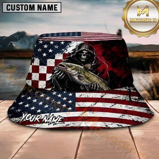 Maxcorners Grim Reaper Fishing American Flag Personalized Name 3D Bucket Hat (12 Fish Species)
