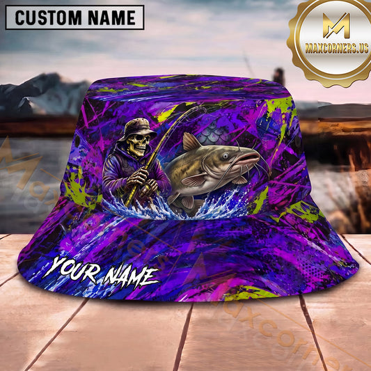 Maxcorners Fishing Neon Skull Angler Water Splash Personalized 3D Bucket Hat (13 Fish Species)