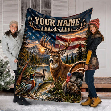 Maxcorners Hunting Deer Buck Turkey Pheasant Fish American Flag Custom Name 3D Blanket