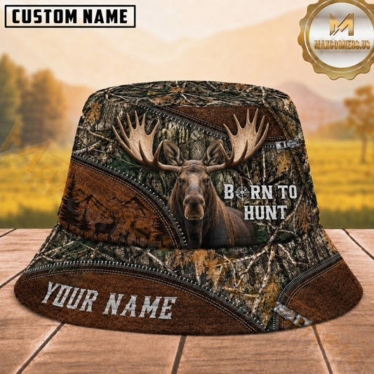 Maxcorners Moose Hunting Born to Hunt Brown Woodland Zipper Camouflage Personalized Name 3D Bucket Hat