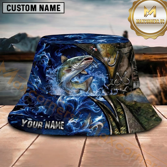 Maxcorners Fishing Blue Smoke Hook Personalized Name 3D Bucket Hat (12 Fish Species)
