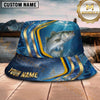 Maxcorners Fishing Blue Gold Wave Personalized Name 3D Bucket Hat (12 Fish Species)