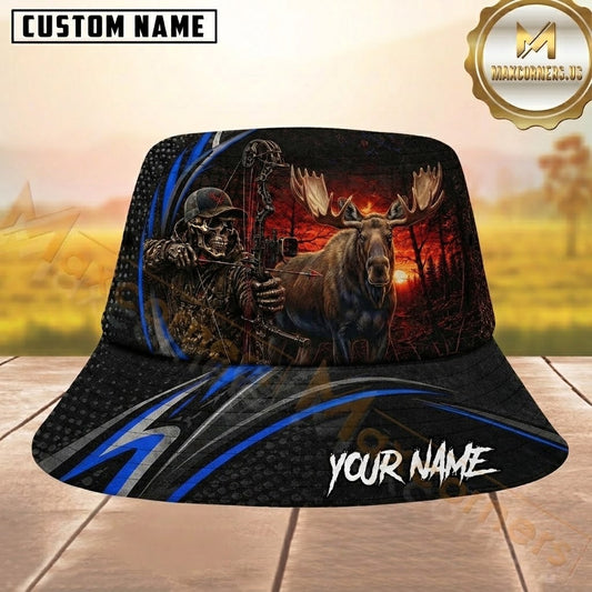 Maxcorners Moose Skeleton Bow Sunset Blue Striped Personalized Name 3D Bucket Hat