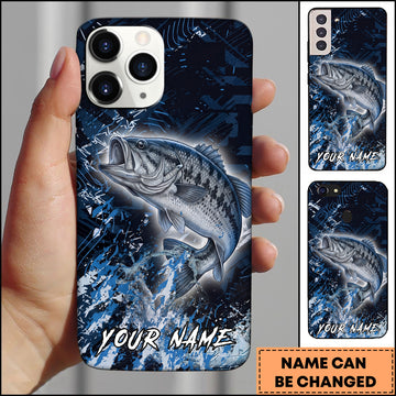 Maxcorners Fishing Blue Grunge Splash Effect Personalized Name Phone Case (10 Fish Species)