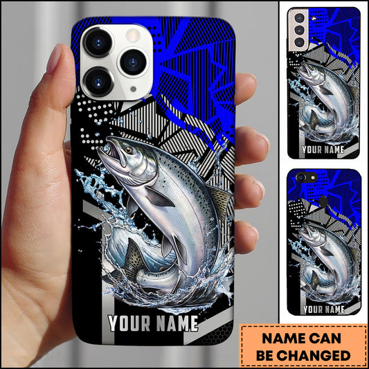 Maxcorners Fishing Dynamic Blue Geometric Splash Art Personalized Name Phone Case (10 Fish Species)