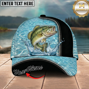 Maxcorners Fishing Light Blue Water Texture Black Trim Personalized 3D Cap (12 Fish Species)