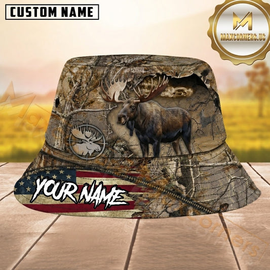 Maxcorners Moose Hunting Real Tree Camo US Flag Brim Personalized Name 3D Bucket Hat