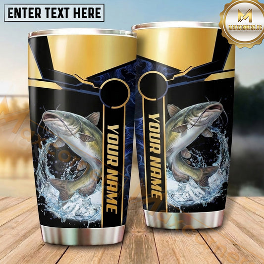 Maxcorners Fishing Tumbler Black Gold Trophy Stripe Design Personalized Name Tumbler (13 Species)