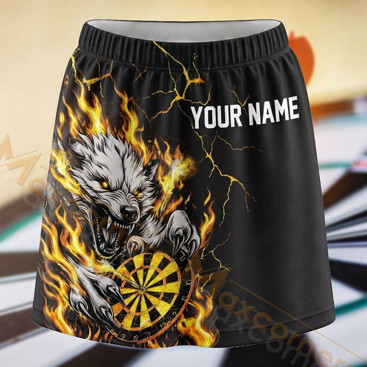 Maxcorners Darts Gold Flame Wolf Dartboard Personalized 3D Skort, Skirts With Shorts