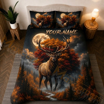 Maxcorners Wild Elk Autumn Forest Orange Black Bedding Set 3D Print Custom Name