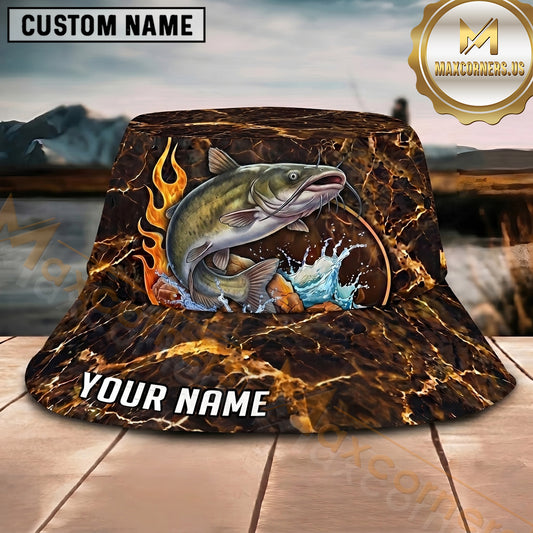 Maxcorners Fishing Lava Fire Personalized Name 3D Bucket Hat (12 Fish Species)