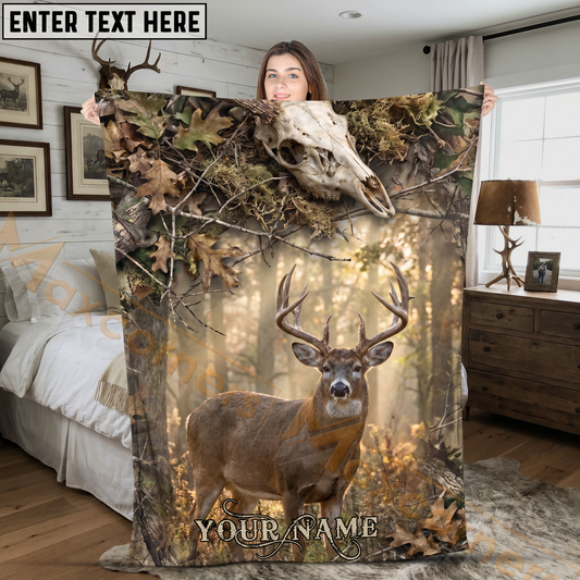 Maxcorners Deer Skull Forest Camouflage Hunting Personalized 3D Blanket