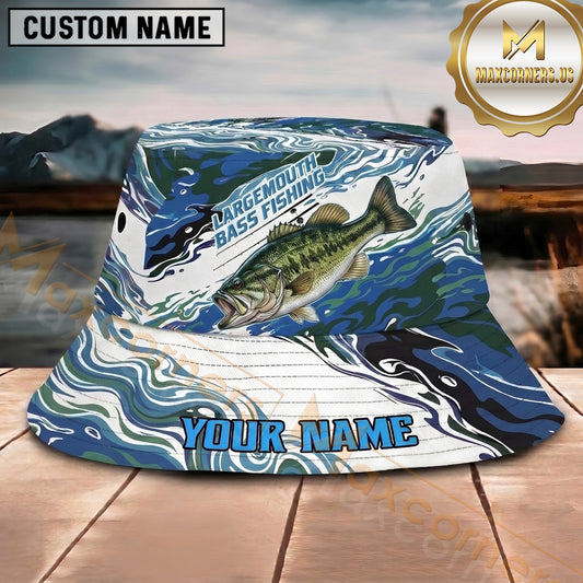Maxcorners Fishing Blue Camo Wave Personalized Name 3D Bucket Hat (12 Fish Species)
