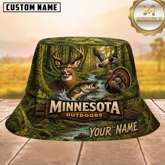 Maxcorners Hunting Minnesota Outdoor Wildlife Mossy Green Forest Personalized Name 3D Bucket Hat