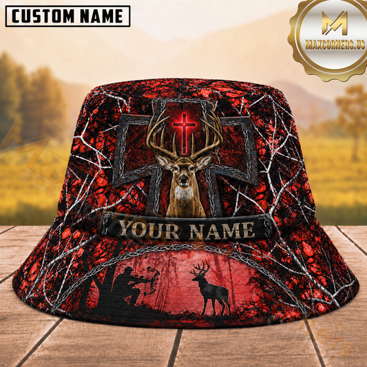 Maxcorners Deer Hunting Red Cross Forest Camouflage Personalized Name 3D Bucket Hat