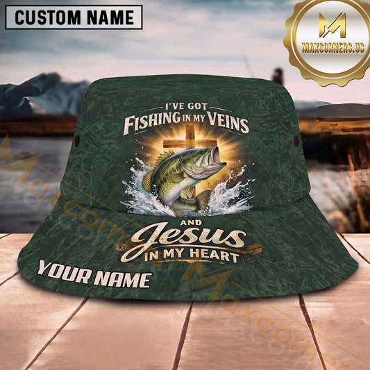 Maxcorners Fishing Sunset Fishing Scene with Bold Angler Personalized Name 3D Bucket Hat (13 Fish Species)