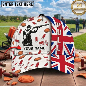 Maxcorners PULL Shooter Silhouette UK Flag Shell Pattern Trap Shooting Multicolor Options Personalized Name, Team Name 3D Cap