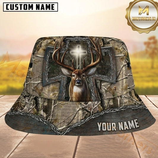 Maxcorners Deer Hunting Woodland Camo Cross Personalized Name 3D Bucket Hat