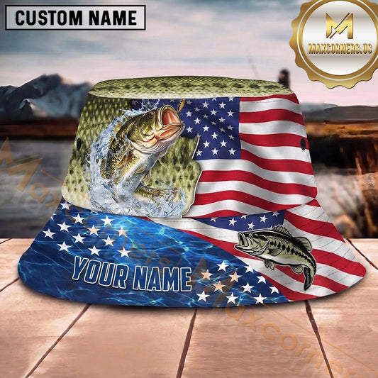 Maxcorners Fishing Patriotic American Flag Fishing with Bold Splash Personalized Name 3D Bucket Hat (13 Fish Species)