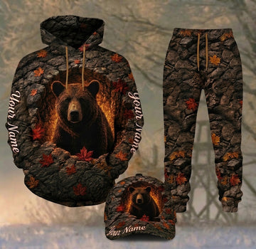 Maxcorners Hunting Bear Autumn Stone Cave Personalized 3D Combo Hoodie, Sweatpants Set & Cap