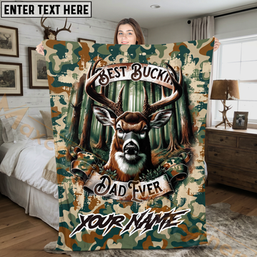 Maxcorners Best Buckin Dad Ever Deer Hunting Camo Forest Personalized 3D Blanket