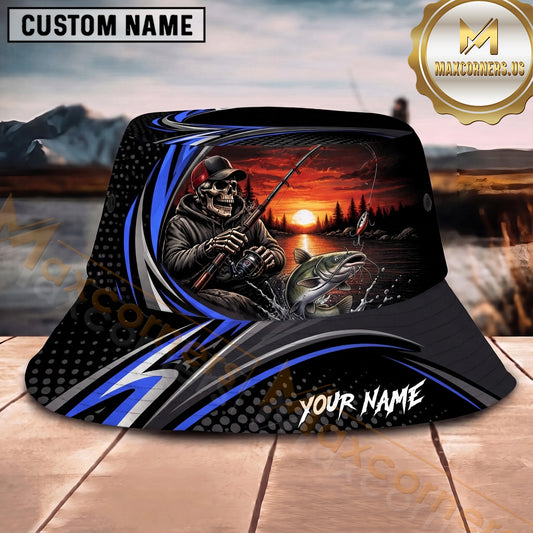 Maxcorners Skeleton Angler Fishing Black Blue Sunset Personalized Name 3D Bucket Hat (12 Fish Species)