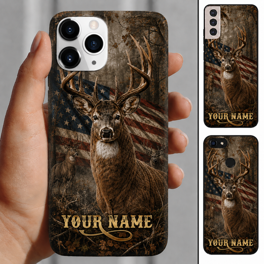 Maxcorners Hunting Whitetail Deer Rustic American Flag Woodland Customized Name Phone Case