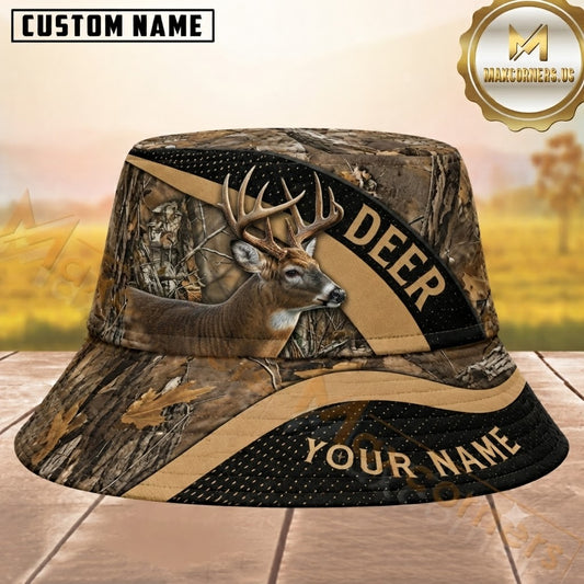 Maxcorners Deer Hunting Brown Black Woodland Camouflage Personalized Name 3D Bucket Hat