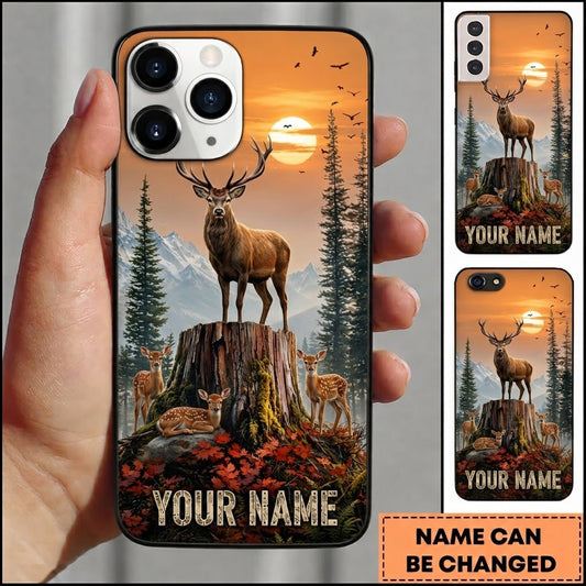 Maxcorners Hunting Stag Deer Fawns Wilderness Tree Stump Autumn Nature Sunset Customized Name Phone Case