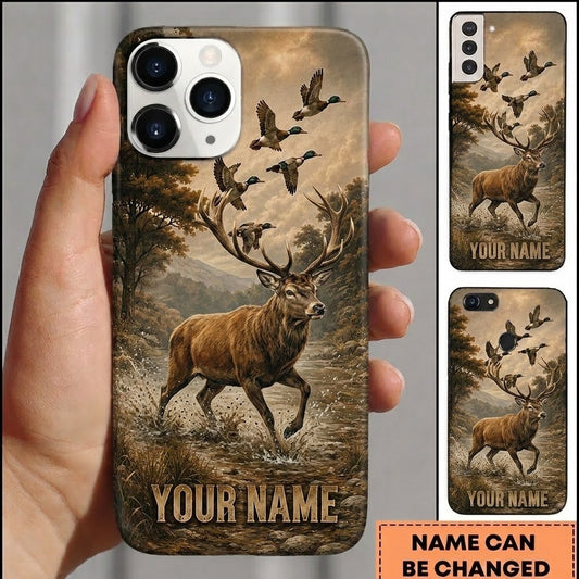 Maxcorners Hunting Deer Vintage Golden River Flying Ducks Customized Name Phone Case