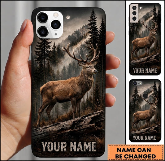 Maxcorners Hunting Deer Dark Misty Mountain Pine Forest Customized Name Phone Case